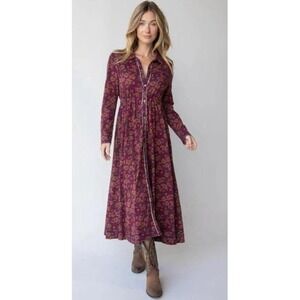 Natural Life Women's XS Floral Maxi Shirt Dress Long Sleeve Burgundy Boho Chic